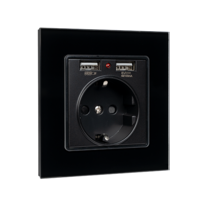 GERMAN TYPE SOCKET 16A WITH 2XUSB GLASS FRAME BL