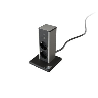 STAND UP 2xSHUKO SOCKET+1xUSB A/C 20W, BLACK/INOX